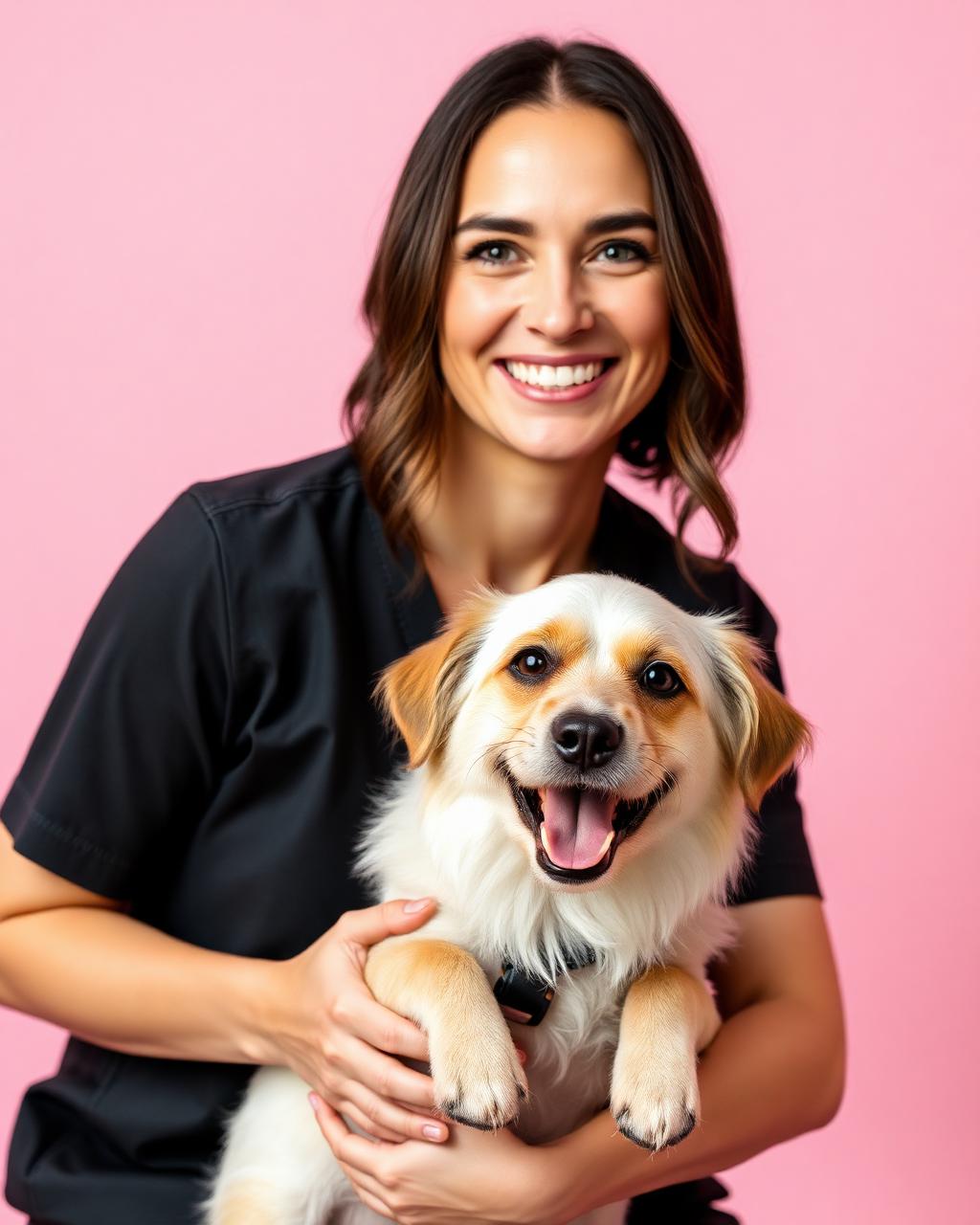 Sasha, certified canine massage therapist, holding a happy dog