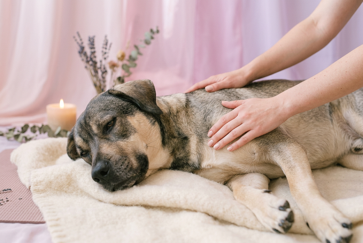 A golden retriever resting peacefully during a massage session